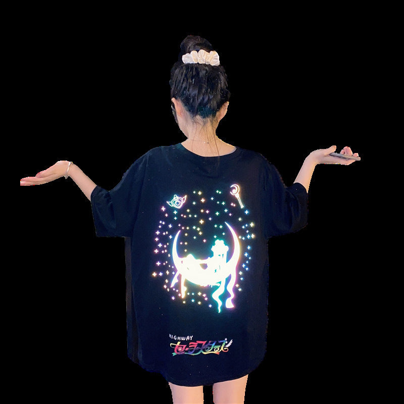 Mid-Length Reflective Short-Sleeved T-Shirt Women Summer Loose