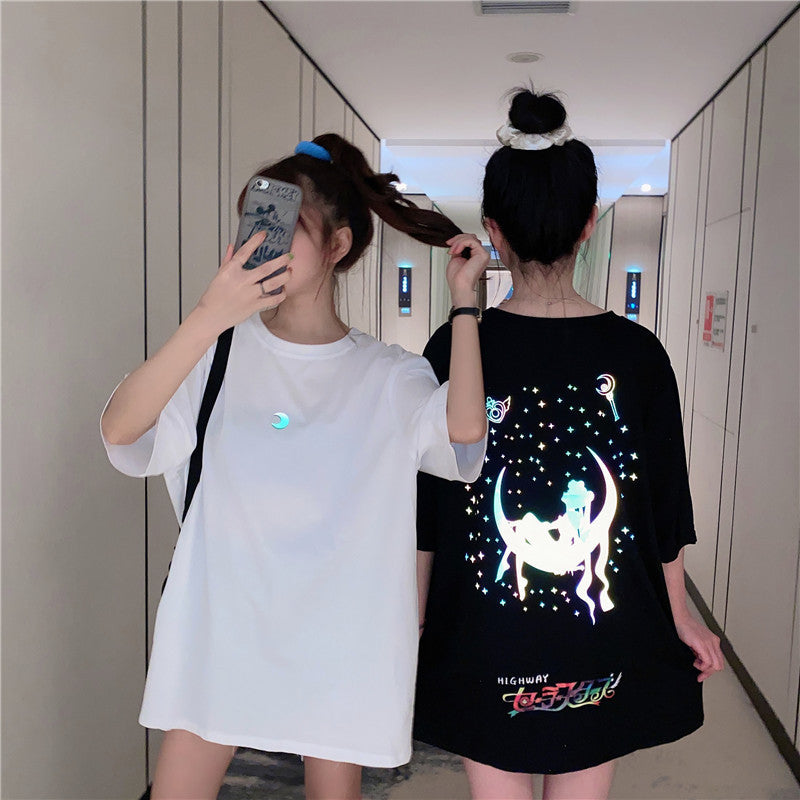 Mid-Length Reflective Short-Sleeved T-Shirt Women Summer Loose
