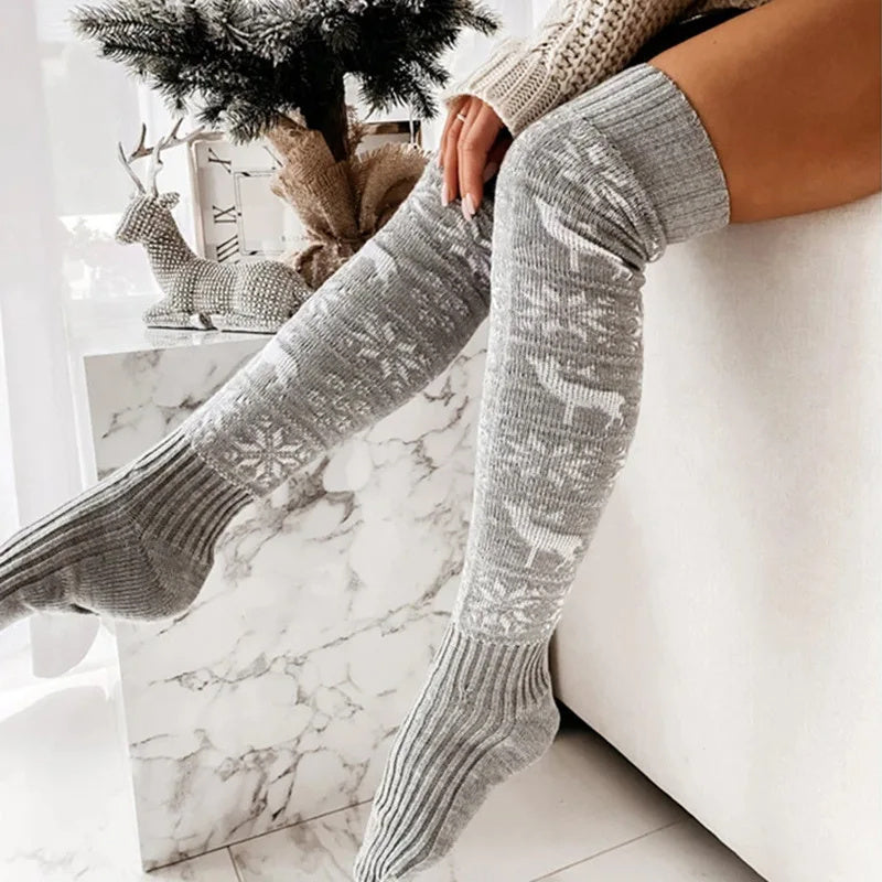 Calcetines largos informales por encima de la rodilla con diseño de alce, copos de nieve, jacquard, para invierno y Navidad, talla única