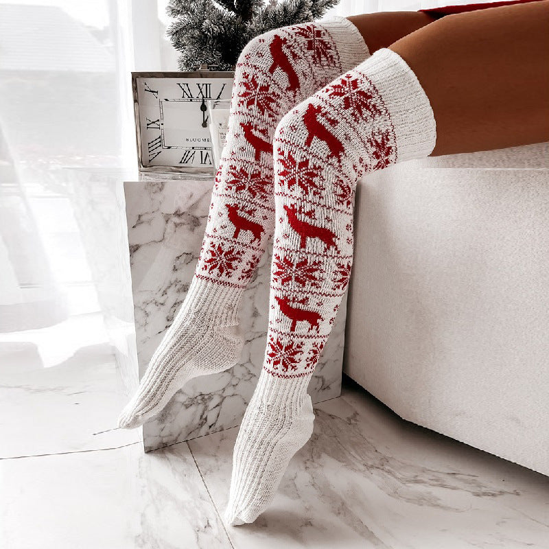 Calcetines largos informales por encima de la rodilla con diseño de alce, copos de nieve, jacquard, para invierno y Navidad, talla única