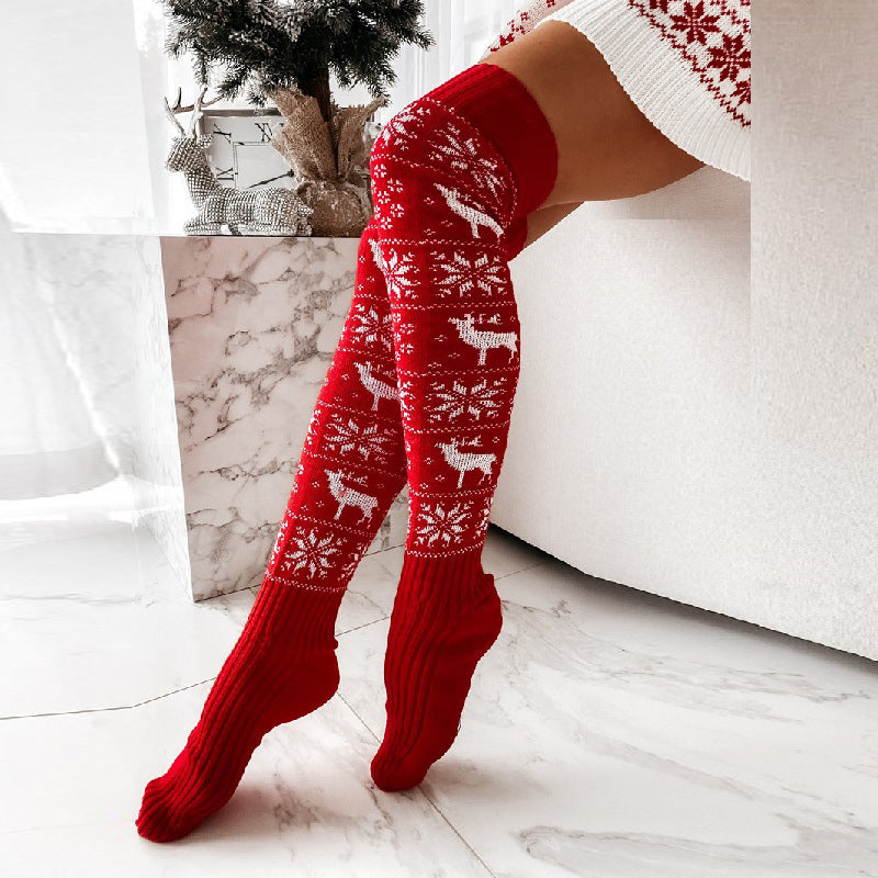 Calcetines largos informales por encima de la rodilla con diseño de alce, copos de nieve, jacquard, para invierno y Navidad, talla única