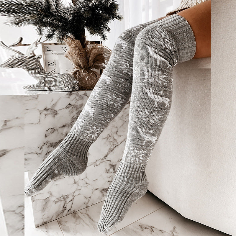 Calcetines largos informales por encima de la rodilla con diseño de alce, copos de nieve, jacquard, para invierno y Navidad, talla única