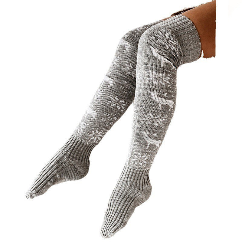 Calcetines largos informales por encima de la rodilla con diseño de alce, copos de nieve, jacquard, para invierno y Navidad, talla única