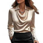 Women's Swing Collar Draped Shirts & Blouses Elegant Solid Satin Office Ladies Top Pullover Spring Long Sleeve Casual Tops