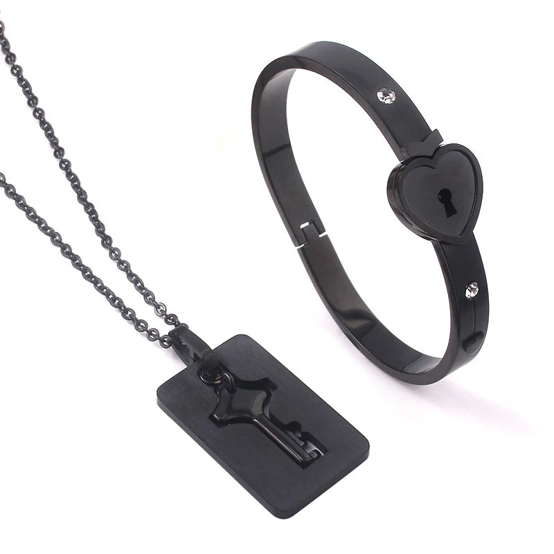 Black Heart Bracelet Choker Set Jewelry Stainless Steel Key Pendant Necklace Women Men Lover Couples Valentines Day Gift