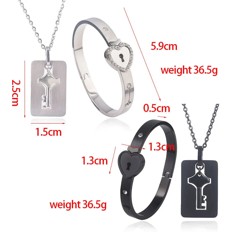 Black Heart Bracelet Choker Set Jewelry Stainless Steel Key Pendant Necklace Women Men Lover Couples Valentines Day Gift