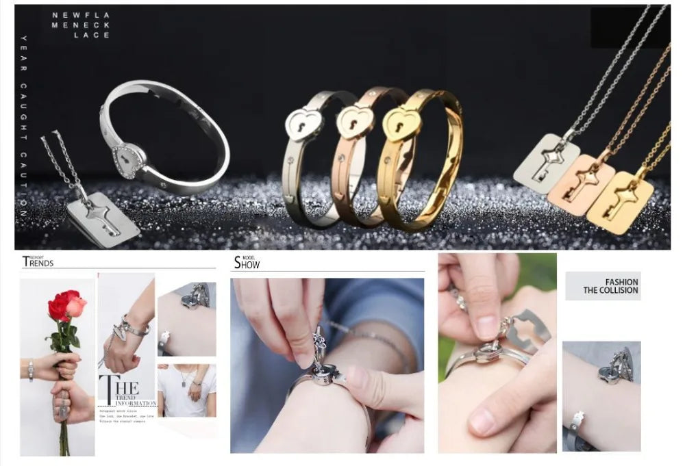 Black Heart Bracelet Choker Set Jewelry Stainless Steel Key Pendant Necklace Women Men Lover Couples Valentines Day Gift