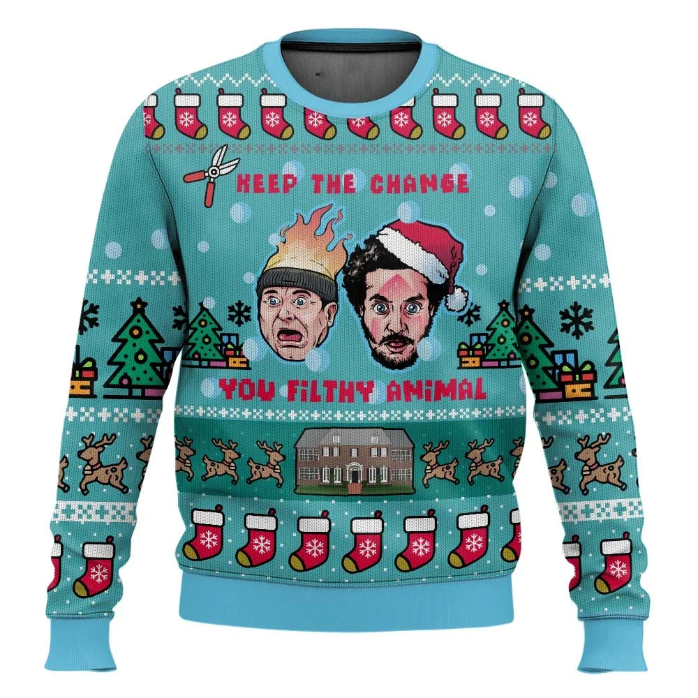 Merry Christmas alone at home Ugly Christmas sweater cartoon animation Men's pullover 2026 fashionable couple shirts Sweatshirt