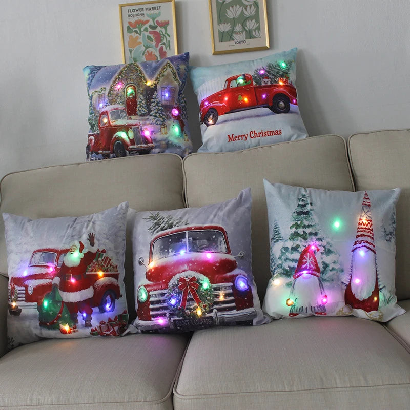LED Light Christmas Pillow Cushions Cover Santa Elk Snowflake Xmas Lantern  Glow Pillowcase Winter Holiday Decoration