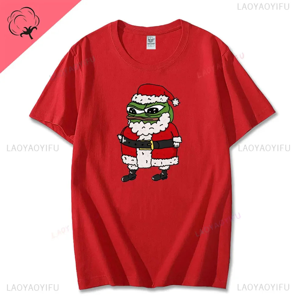 Navidad Cartoon Pepe Christmas T-Shirt Men Funny Santa Claus Frog Graphic Unisex Cotton Short Sleeve Casual Cute Streetwear Men