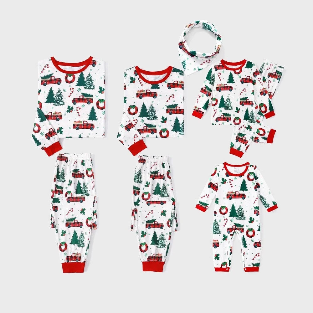 Family Matching Christmas Pajamas 2025 New Xmas Tree Car Print Dad Mommy And Me Christmas Costume Dog Clothes