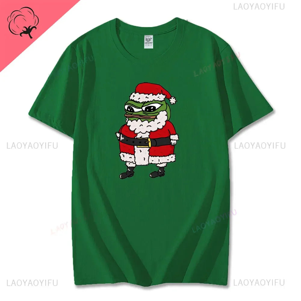 Navidad Cartoon Pepe Christmas T-Shirt Men Funny Santa Claus Frog Graphic Unisex Cotton Short Sleeve Casual Cute Streetwear Men