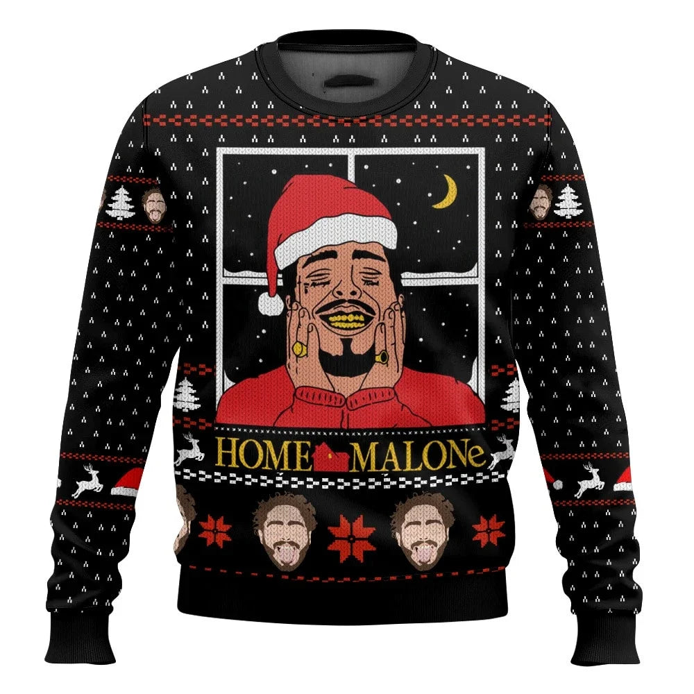 Merry Christmas alone at home Ugly Christmas sweater cartoon animation Men's pullover 2026 fashionable couple shirts Sweatshirt