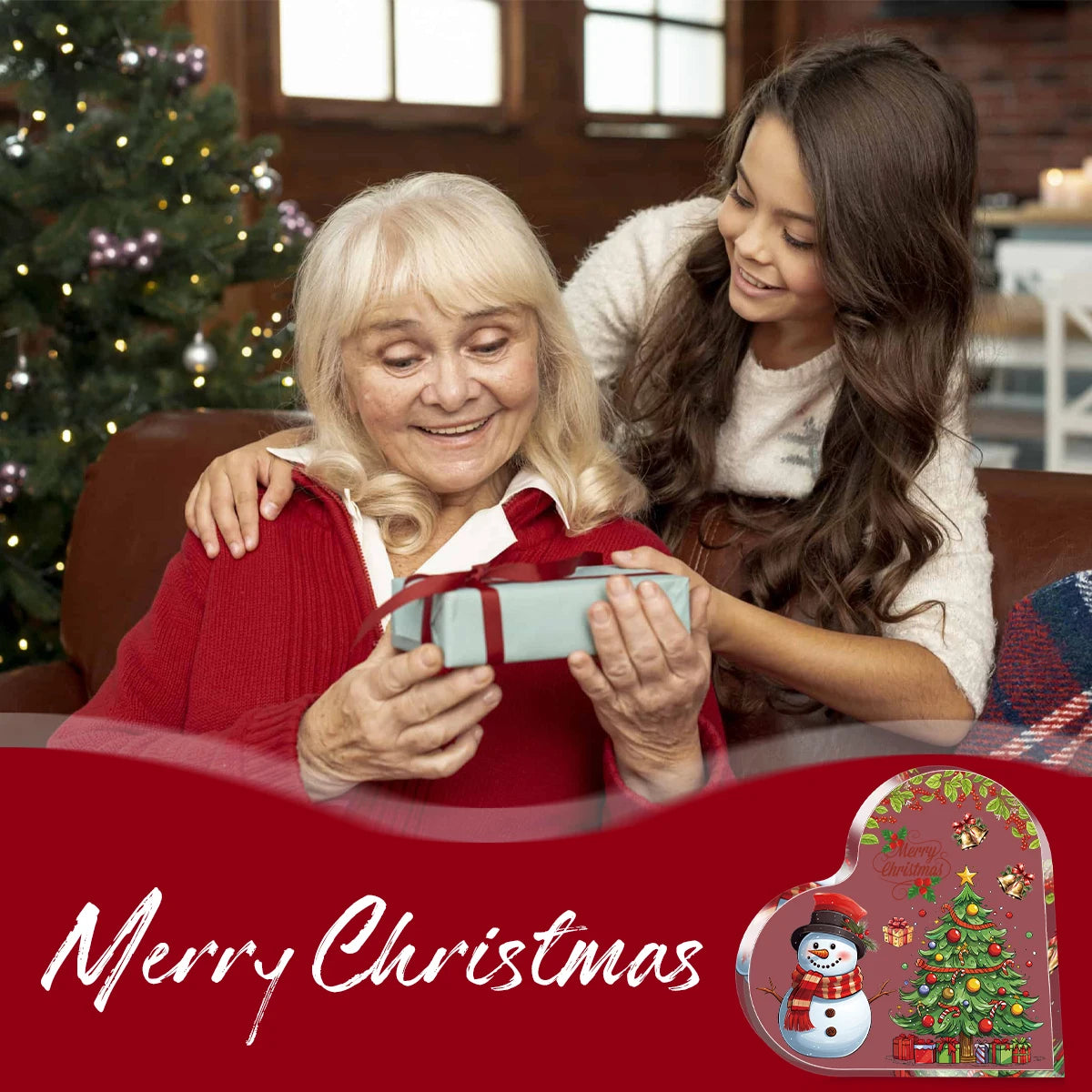 1pc Christmas Gift for Friends,Sister,Acrylic Heart-Shaped Plaque with Snowman and Christmas Tree Office Home Decor,Holiday Gift