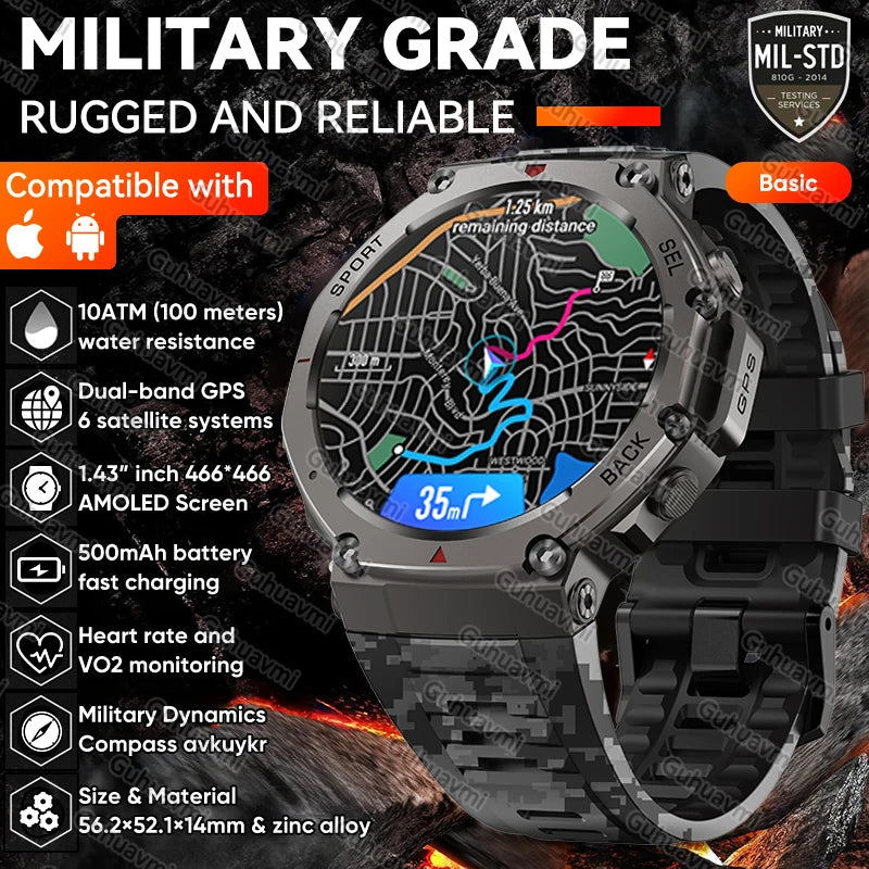 New T-Rex 3 Pro Dual-Band GPS Military Smart Watch 48mm 10ATM Water-Resistant 500mAh Battery Compass Altimeter AGPS Smart Watch