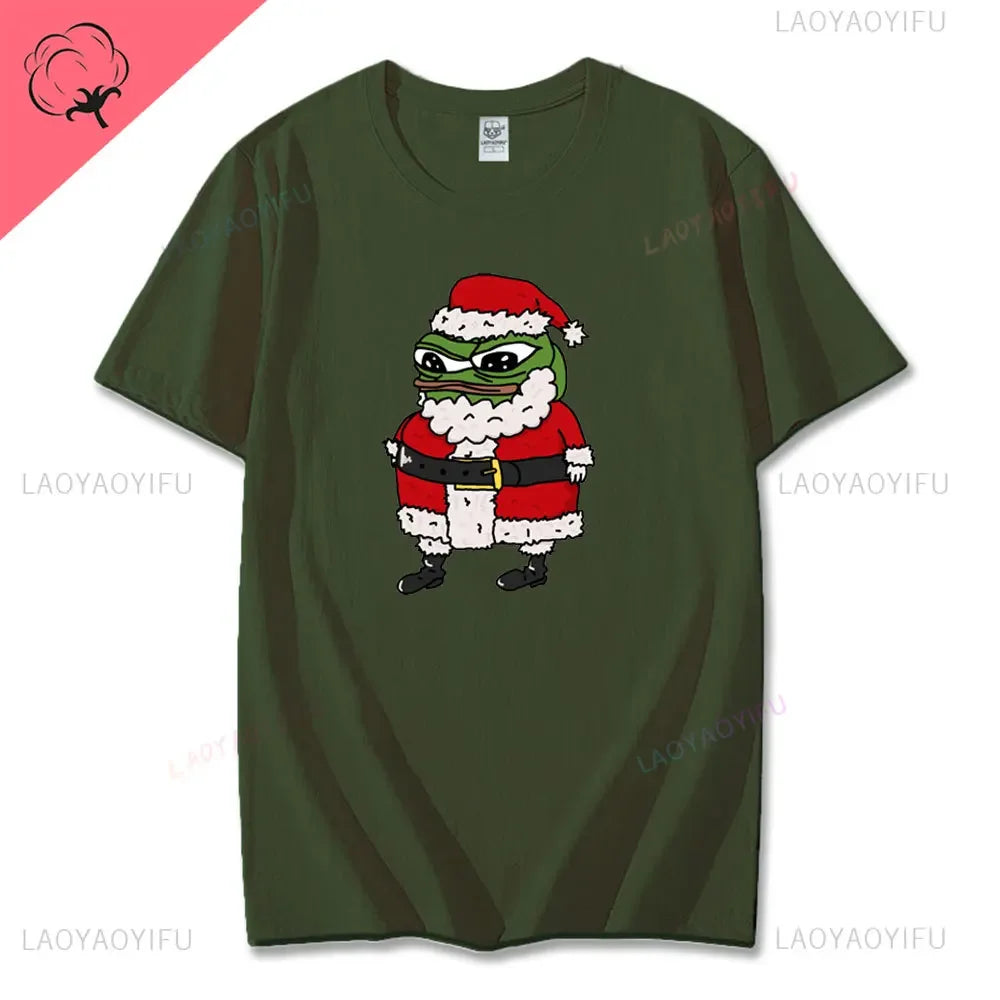 Navidad Cartoon Pepe Christmas T-Shirt Men Funny Santa Claus Frog Graphic Unisex Cotton Short Sleeve Casual Cute Streetwear Men