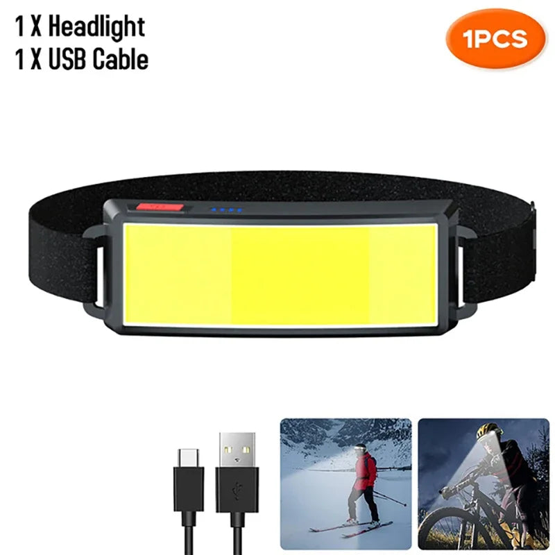 Powerful COB LED Headlamp Type-c Rechargeable Head Flashlight Built-in Battery Outdoor Fishing Camping Lantern Waterproof Torch