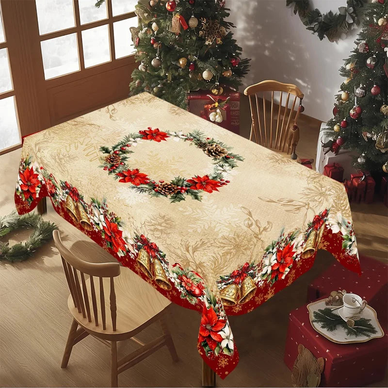 Vintage Christmas Tablecloth Poinsettia Bell Table Cover Christmas Decorations for Home 2025 Xmas Gifts Navidad Noel New Year