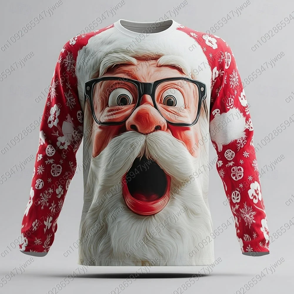 2025 Autumn Winter Christmas Men's 3D Printed Santa Claus Long Sleeve T-Shirts, Crew Neck Tees Trendy Street Style Casual Tops