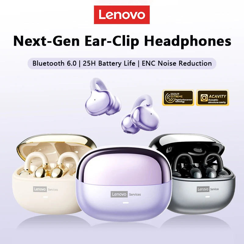 Lenovo LE302 Wireless Bluetooth 6.0 Headset Long Battery Life Sports Ear Clip Earphones HIFI Stereo Noise Cancelling Headphones