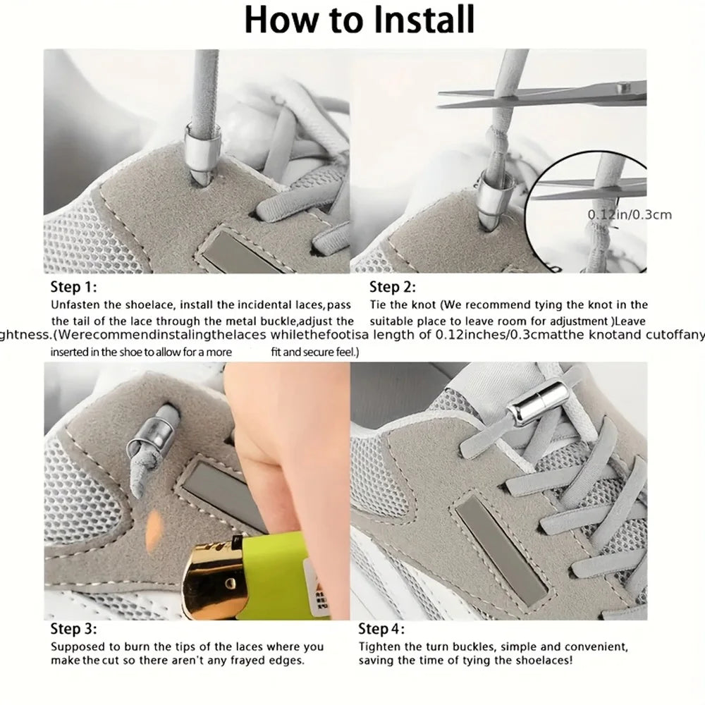4Pcs/1Pair 100cm Elastic No Tie Shoelaces Metal Lock Shoe Laces For Kids Adult Sneakers Quick Shoelaces Semicircle Shoestrings
