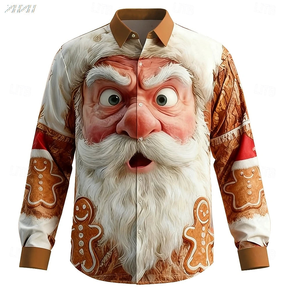 Fashion Men's Funny Santa Face Shirt, 3D Print Button Up Collared, 2025 Christmas Long Sleeve Top, Spring Fall Holiday Wear