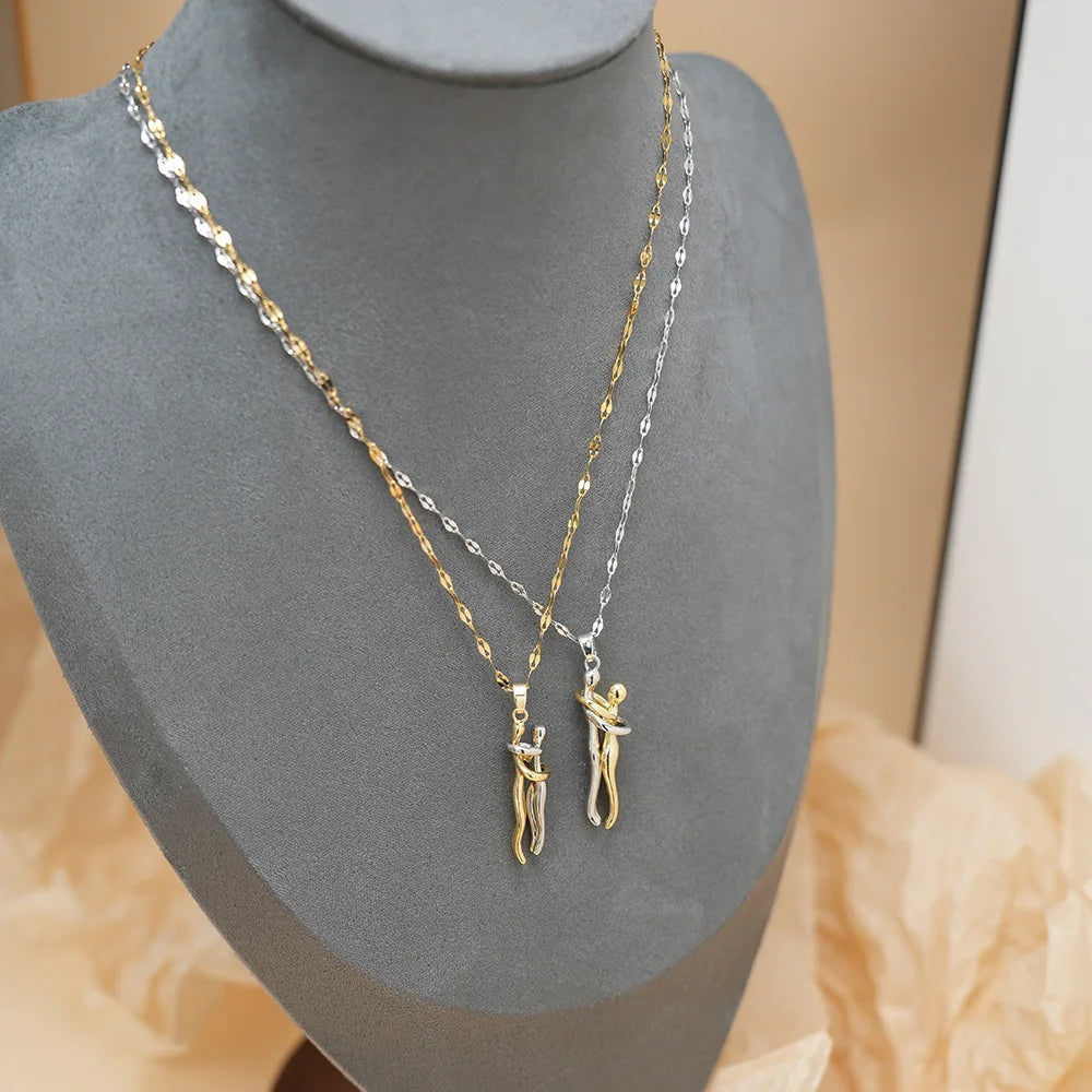 FTCY Stainless Steel Couple Hugging Necklace Pendant for Women Men Gold Silver Color Couple Love Chain Friend Gift Party Jewelry