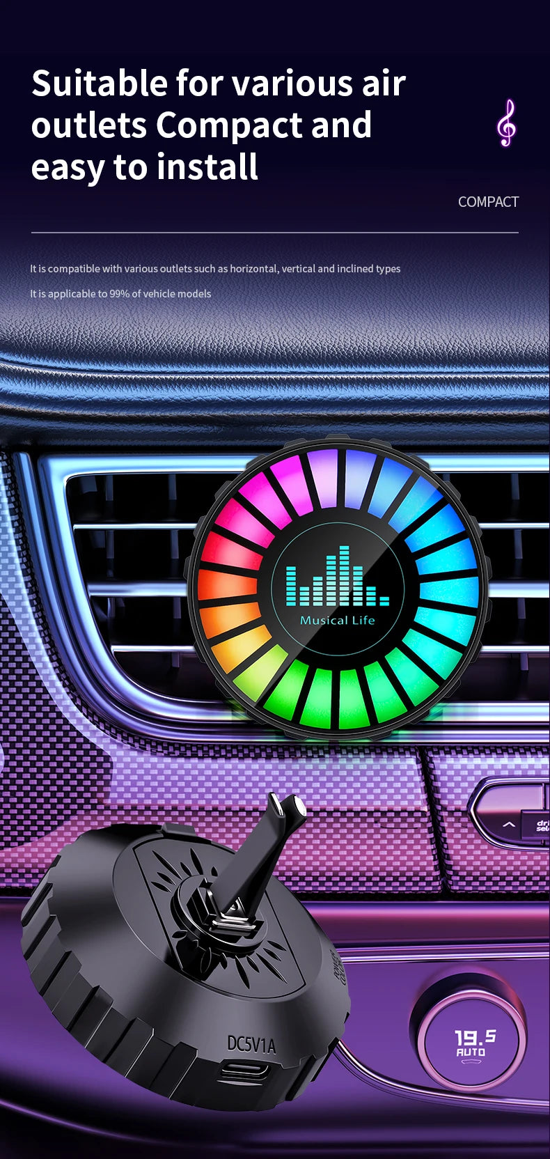 Automotive Atmosphere Light Air Outlet Rhythm Light Aromatherapy Pickup Light Automotive Air Outlet Decorative Light Colorful