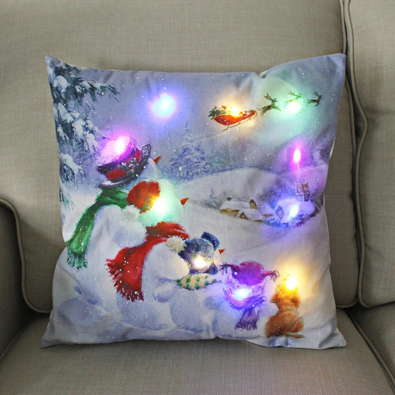 LED Light Christmas Pillow Cushions Cover Santa Elk Snowflake Xmas Lantern  Glow Pillowcase Winter Holiday Decoration