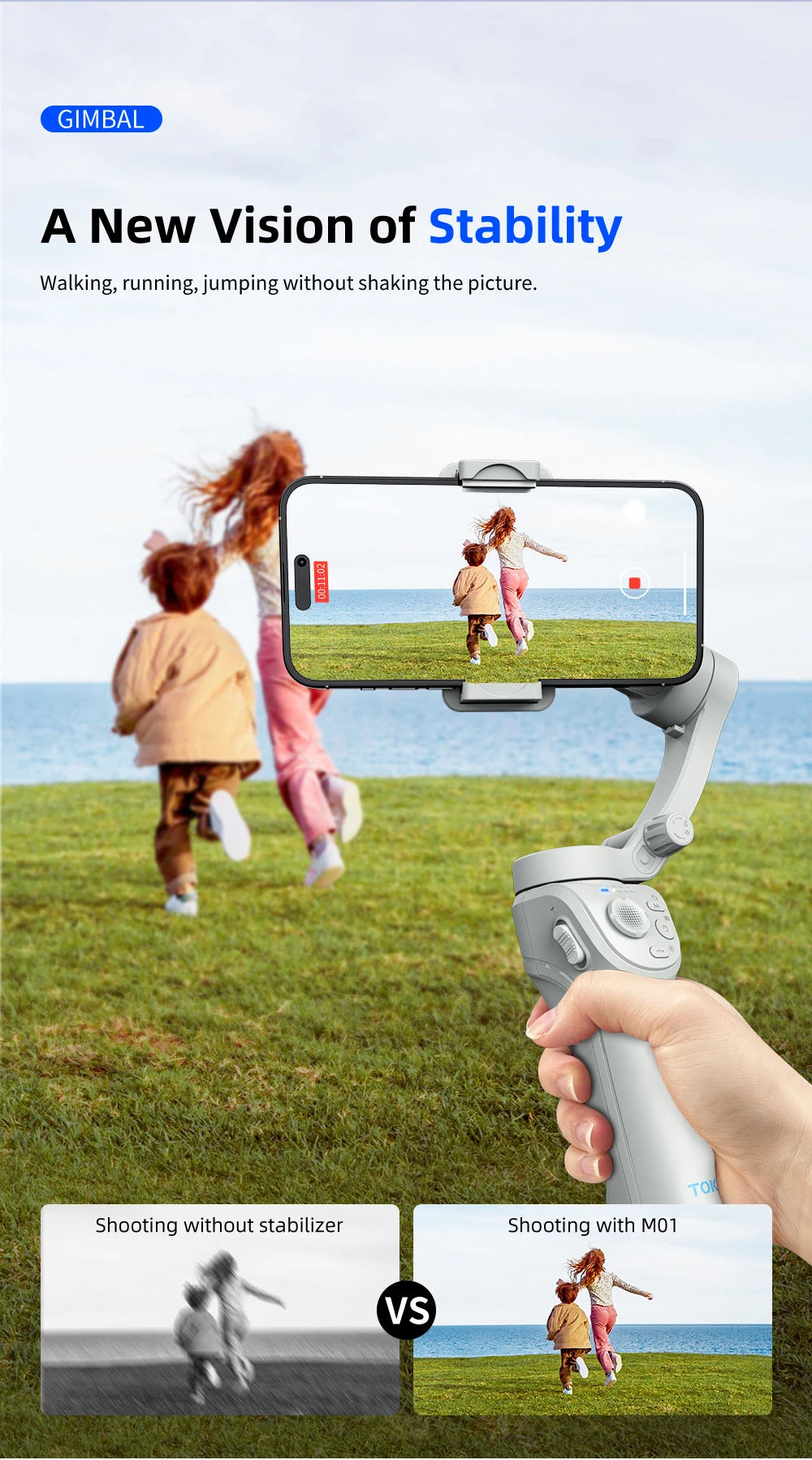 TOKQI M01 3-Axis Anti-Shake Handheld Gimbal Phone Stabilizer Foldable Holder Selfie Tripod with Fill Light for iPhone Smartphone