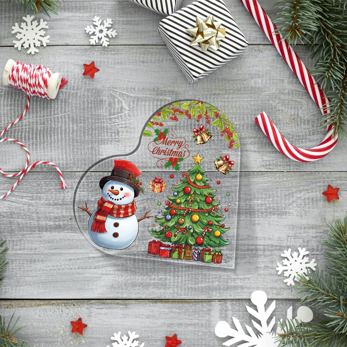 1pc Christmas Gift for Friends,Sister,Acrylic Heart-Shaped Plaque with Snowman and Christmas Tree Office Home Decor,Holiday Gift