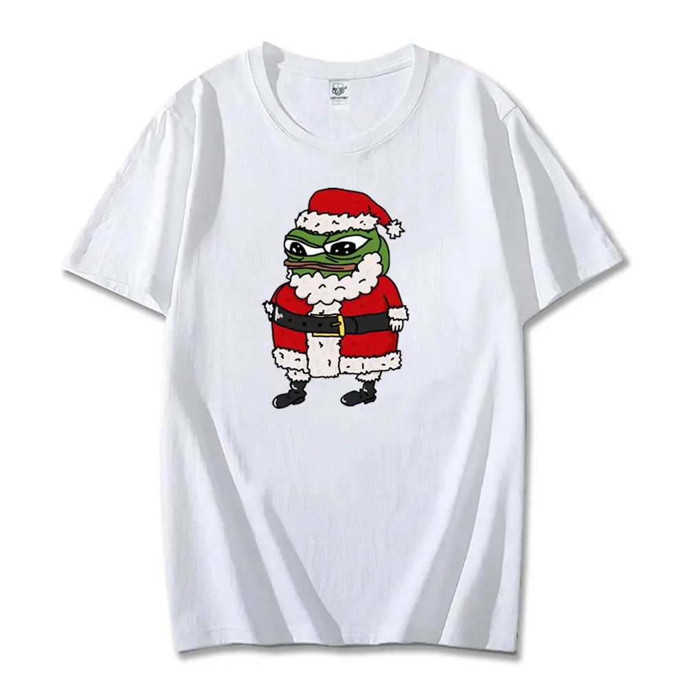 Navidad Cartoon Pepe Christmas T-Shirt Men Funny Santa Claus Frog Graphic Unisex Cotton Short Sleeve Casual Cute Streetwear Men