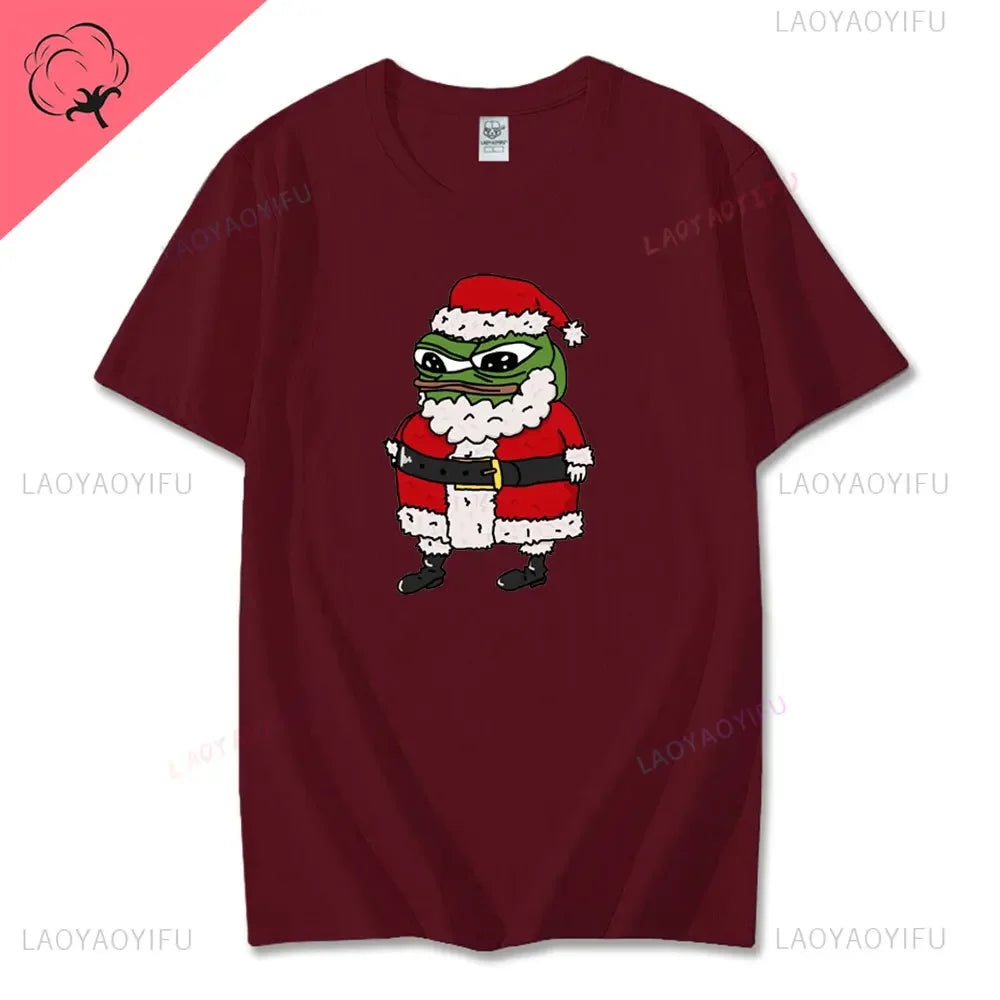 Navidad Cartoon Pepe Christmas T-Shirt Men Funny Santa Claus Frog Graphic Unisex Cotton Short Sleeve Casual Cute Streetwear Men