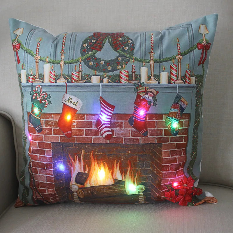 LED Light Christmas Pillow Cushions Cover Santa Elk Snowflake Xmas Lantern  Glow Pillowcase Winter Holiday Decoration