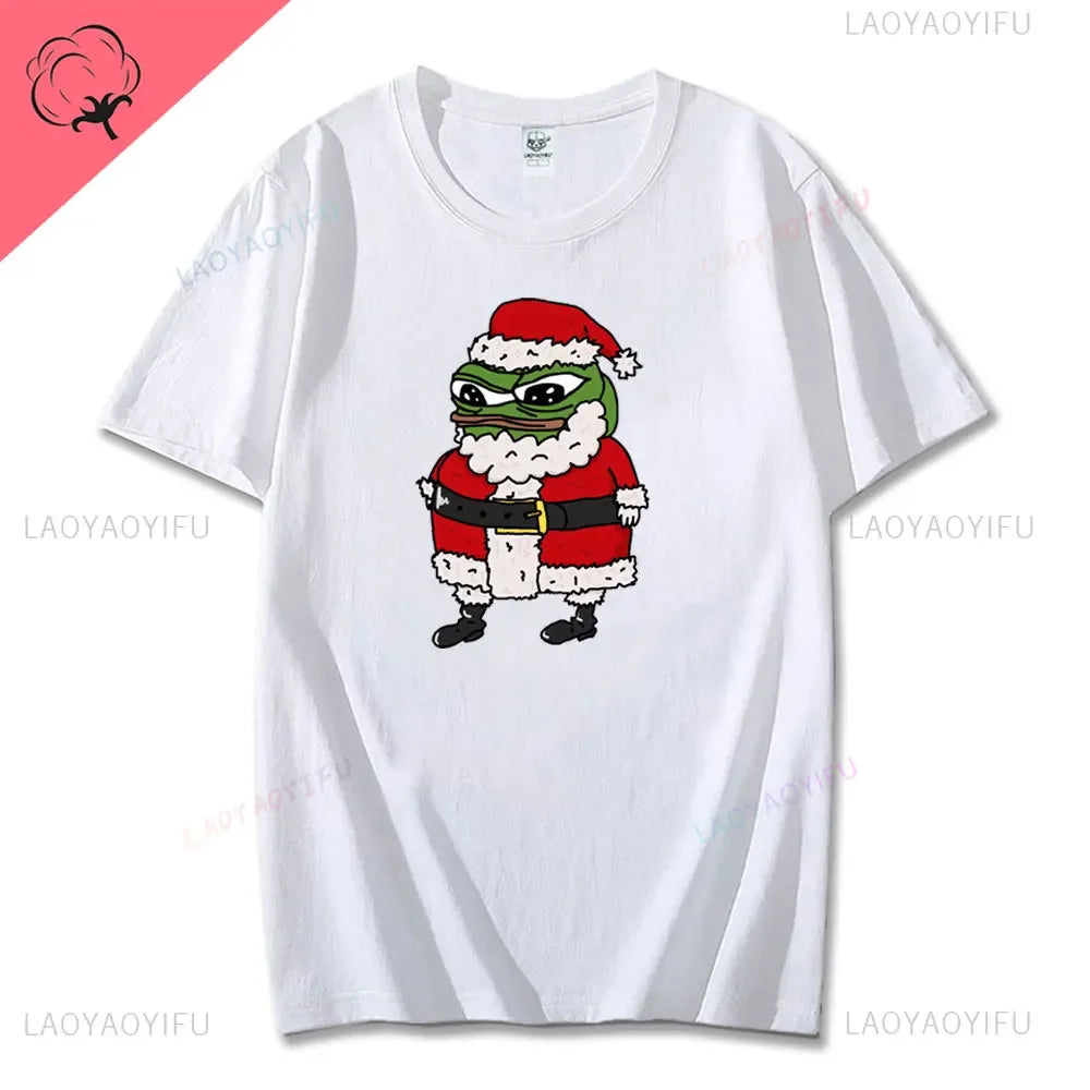 Navidad Cartoon Pepe Christmas T-Shirt Men Funny Santa Claus Frog Graphic Unisex Cotton Short Sleeve Casual Cute Streetwear Men