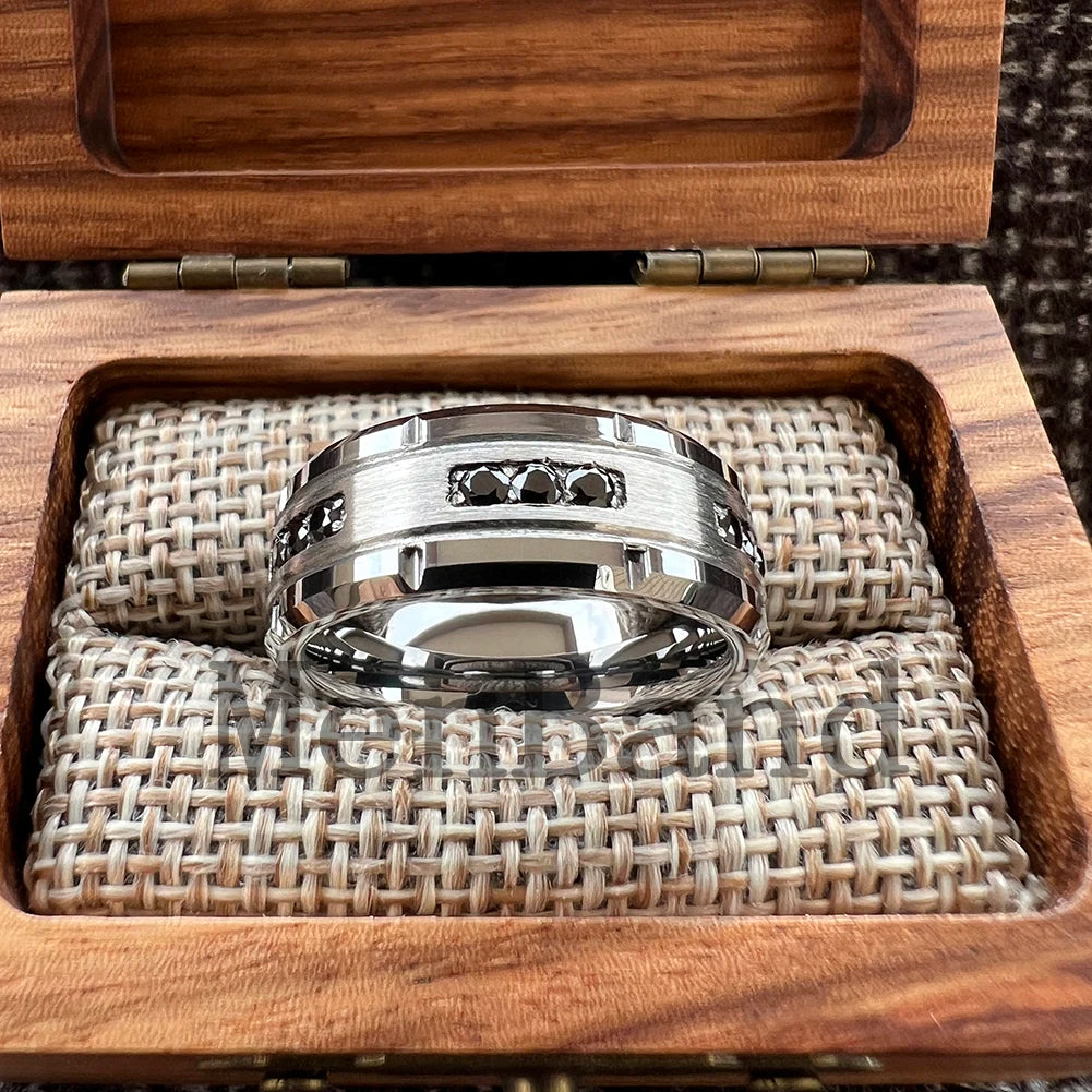 MenBand 8mm Mens Womens Engagement Eternity Wedding Band Black CZ Stone Inlay Tungsten Carbide Ring  Comfortable Fit