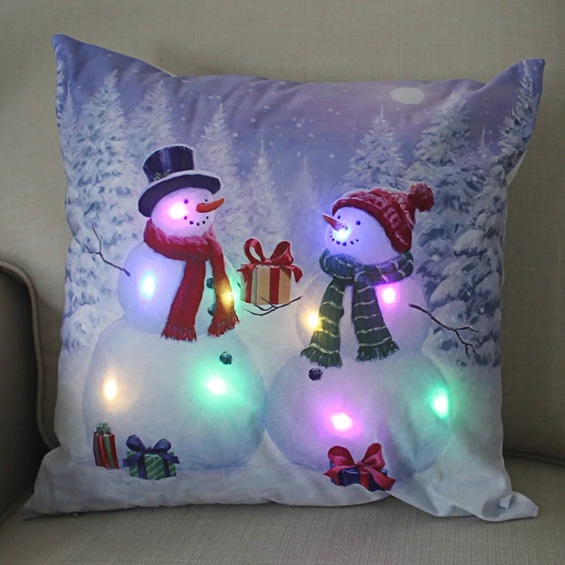 LED Light Christmas Pillow Cushions Cover Santa Elk Snowflake Xmas Lantern  Glow Pillowcase Winter Holiday Decoration