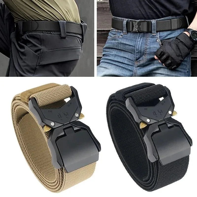 Tactical Waist Belt Durable Automatic Buckle Quick Release Elastic Belt Outdoor Adventure Training Belt Men's Trouser Belt Black