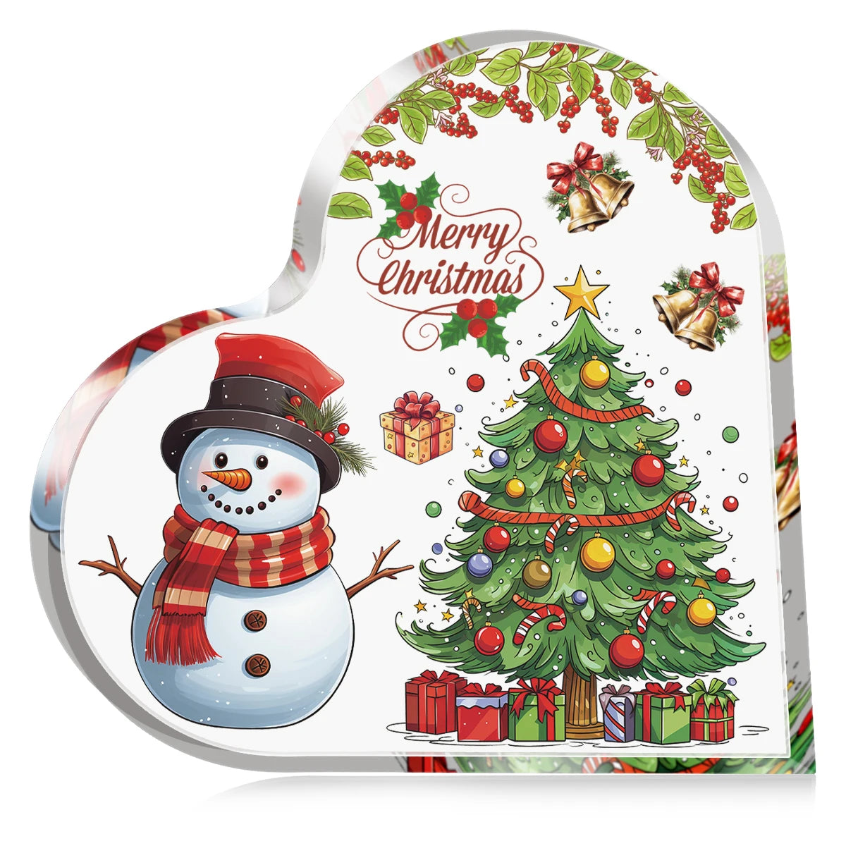 1pc Christmas Gift for Friends,Sister,Acrylic Heart-Shaped Plaque with Snowman and Christmas Tree Office Home Decor,Holiday Gift