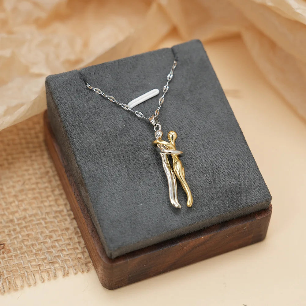 FTCY Stainless Steel Couple Hugging Necklace Pendant for Women Men Gold Silver Color Couple Love Chain Friend Gift Party Jewelry