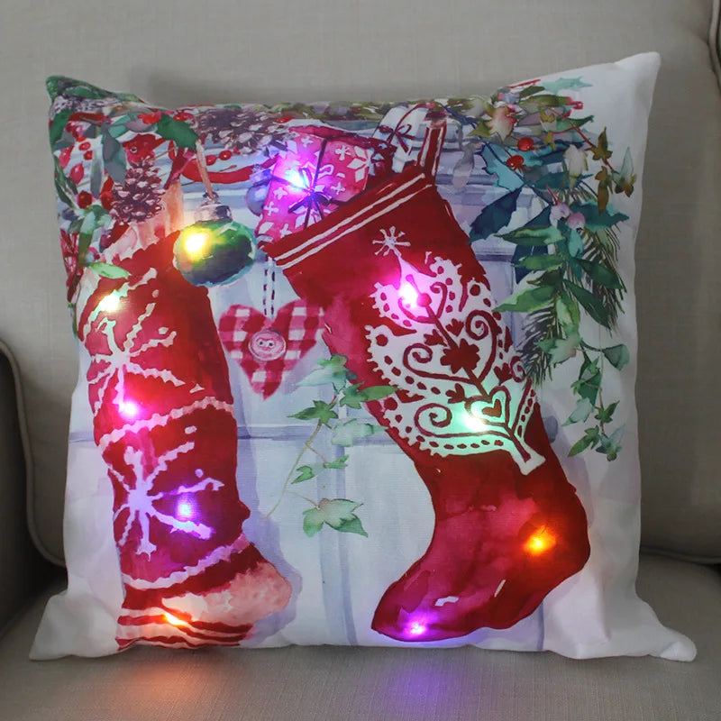 LED Light Christmas Pillow Cushions Cover Santa Elk Snowflake Xmas Lantern  Glow Pillowcase Winter Holiday Decoration