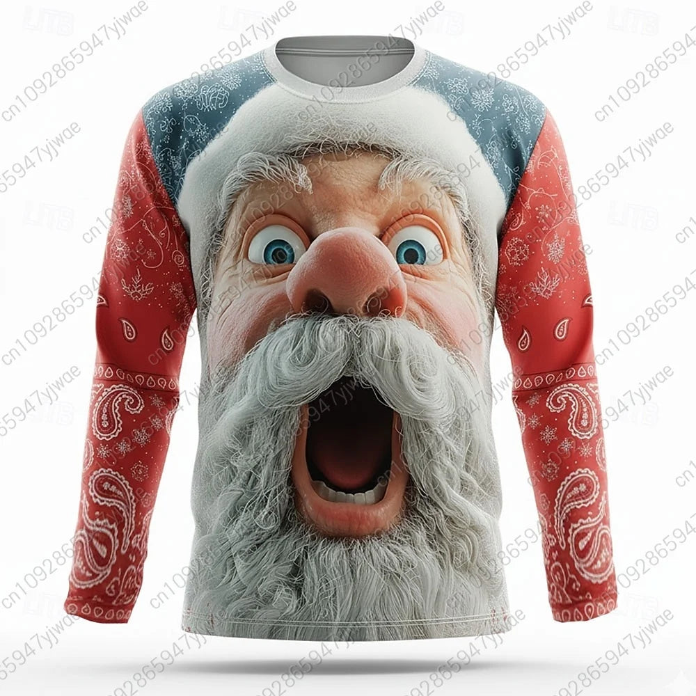 2025 Autumn Winter Christmas Men's 3D Printed Santa Claus Long Sleeve T-Shirts, Crew Neck Tees Trendy Street Style Casual Tops