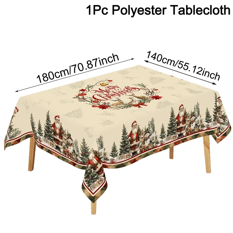 Vintage Christmas Tablecloth Rustic Santa Claus Snowman Table Cover Christmas Decorations for Home 2025 Gifts Navidad New Year