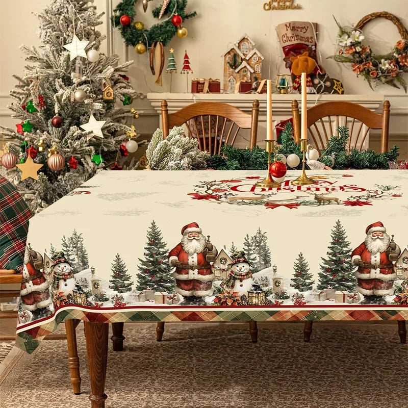 Vintage Christmas Tablecloth Rustic Santa Claus Snowman Table Cover Christmas Decorations for Home 2025 Gifts Navidad New Year