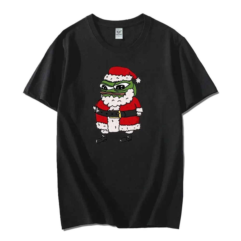 Navidad Cartoon Pepe Christmas T-Shirt Men Funny Santa Claus Frog Graphic Unisex Cotton Short Sleeve Casual Cute Streetwear Men