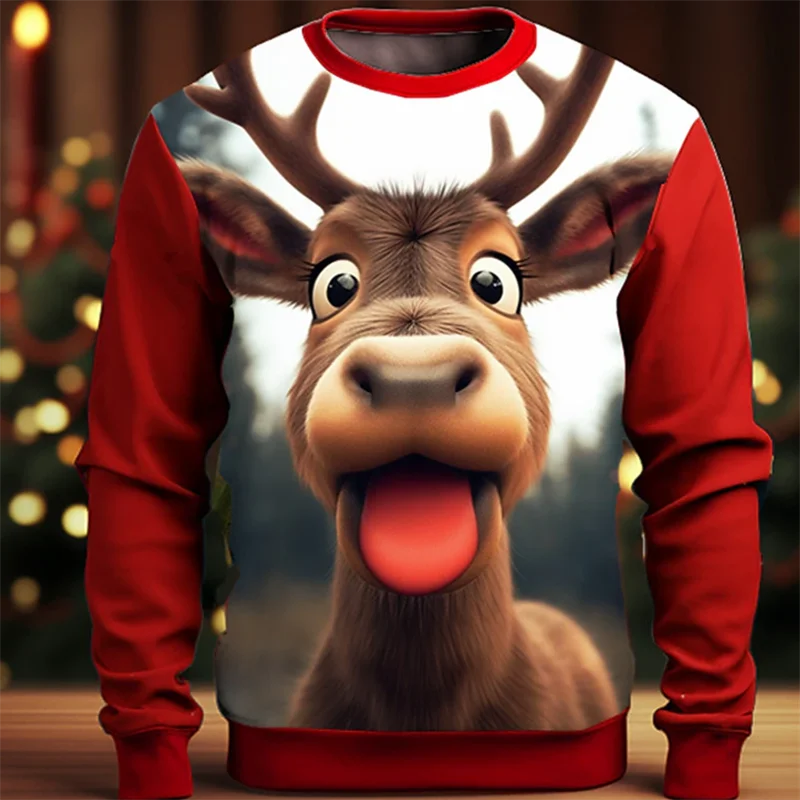 Cute Reindeer Graphic Men's Women's Sweatshirt Christmas Theme Long Sleeve O-Neck Hoodies Autumn Winter Fashion Creative Clothes