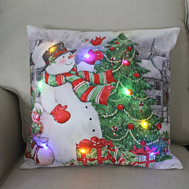 LED Light Christmas Pillow Cushions Cover Santa Elk Snowflake Xmas Lantern  Glow Pillowcase Winter Holiday Decoration