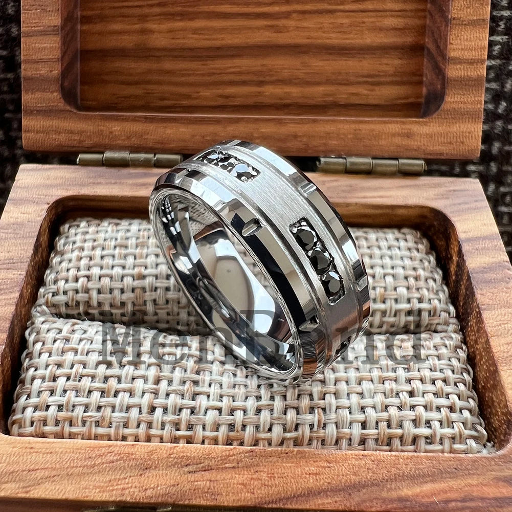 MenBand 8mm Mens Womens Engagement Eternity Wedding Band Black CZ Stone Inlay Tungsten Carbide Ring  Comfortable Fit