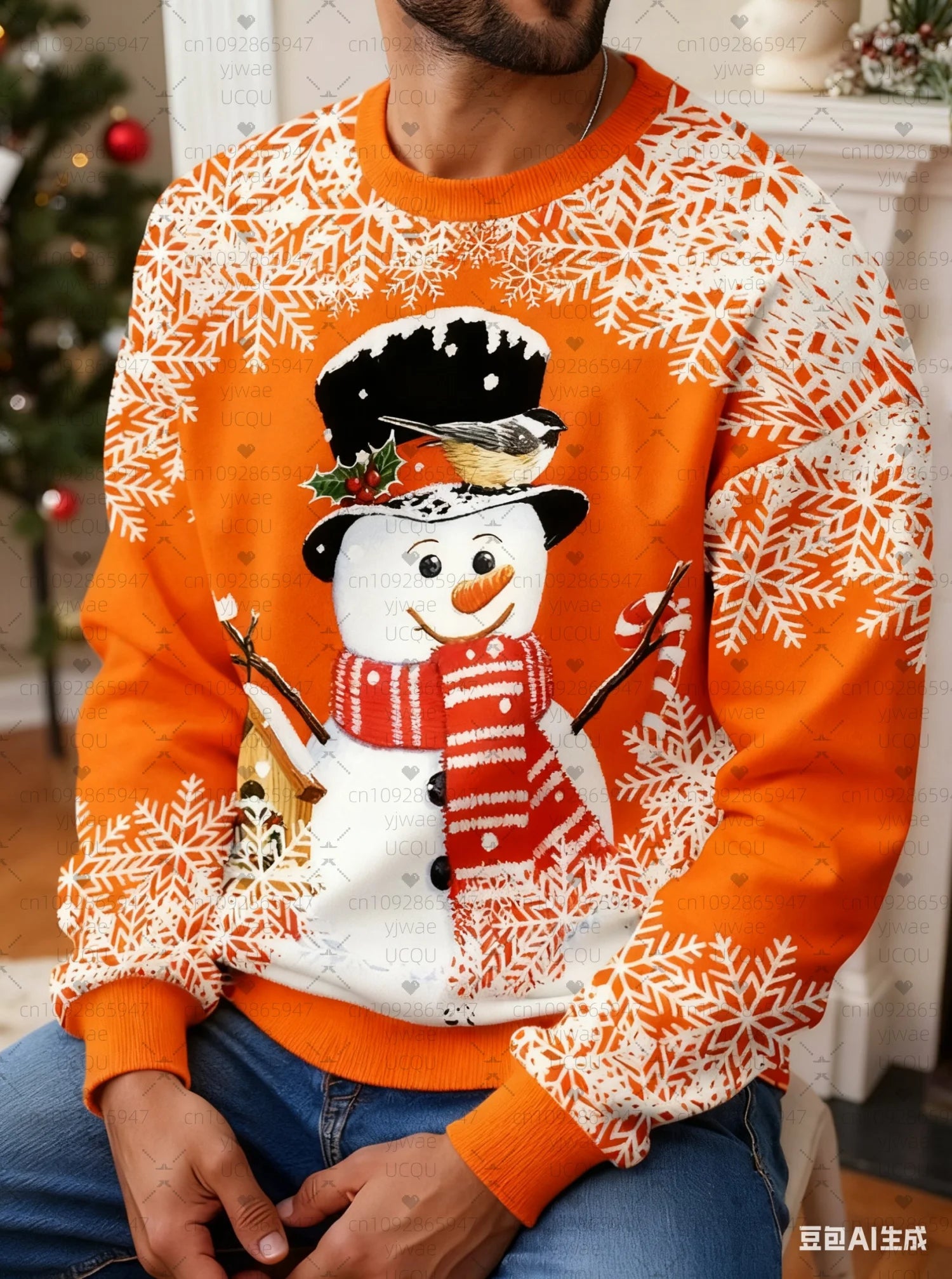 2025 Winter Men's Christmas Snowman Print Round Neck Hoodie Fashionable Women's Sweater Hoodie Fashionable Casual Loose Hoodie