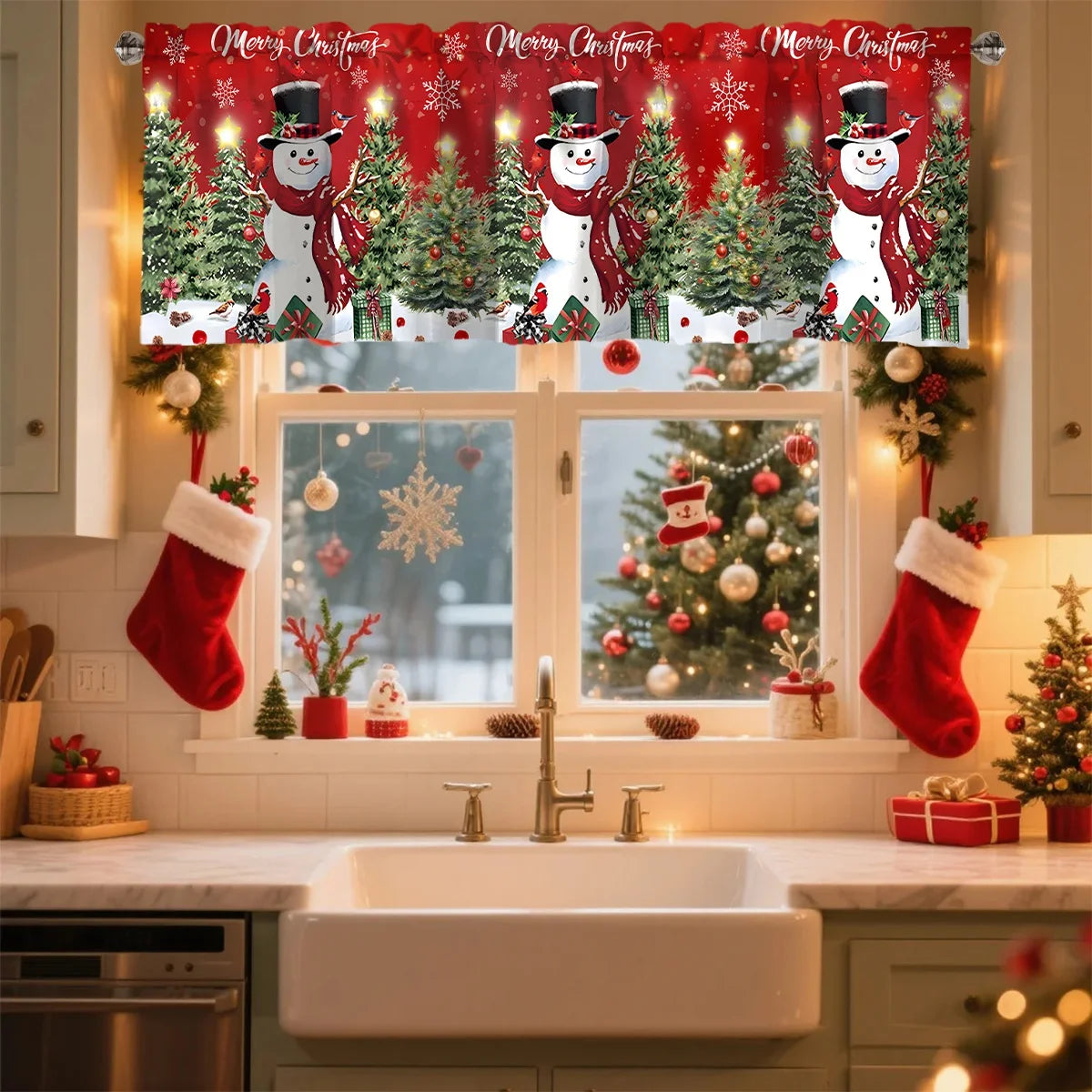 Christmas Curtain Valance Xmas Rod Pocket Window Treatment for Living Room Kitchen Bedroom Christmas Decorations For Home 2025